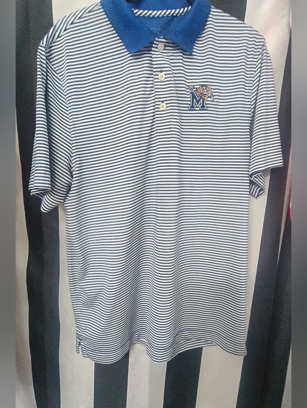 Men's Blue and White Striped Polo with Embroidered M Logo